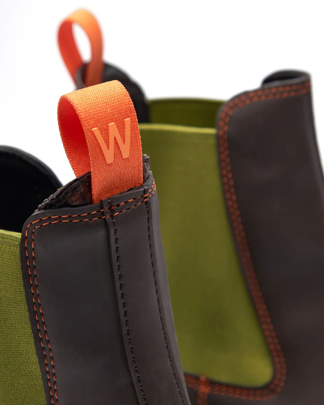 Woden Aya Waterproof Boot - Chocolate/Bambus Green, back pull detail | Style Footwear | Malvern Saddlery