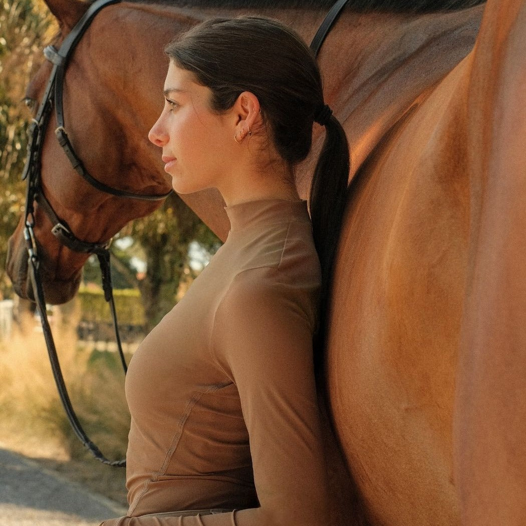 Yagya Women's Lightweight Long Sleeve Riding Top - Camel, at the barn | Malvern Saddlery