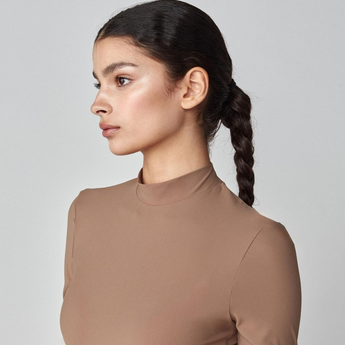 Yagya Women's Lightweight Long Sleeve Riding Top - Camel, side close-up | Malvern Saddlery