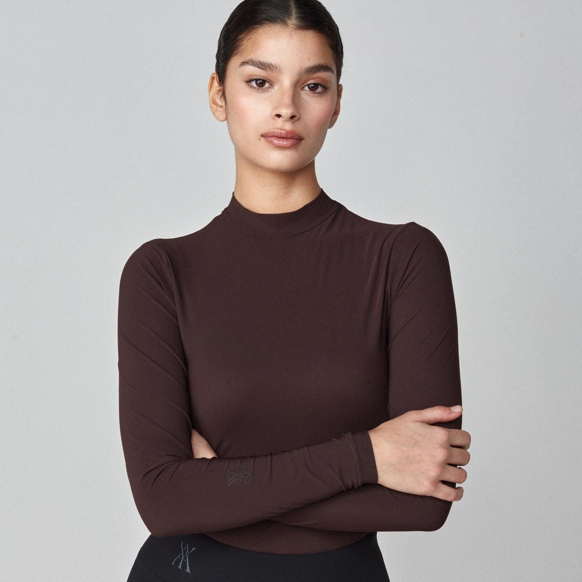 Yagya Women's Lightweight Long Sleeve Riding Top - Dark Brown, close-up | Malvern Saddlery