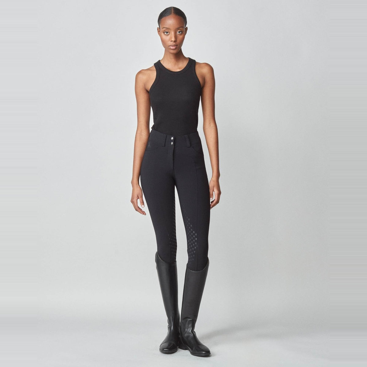 Yagya Women's Performance Knee Grip Breeches - Black, front on model | Malvern Saddlery