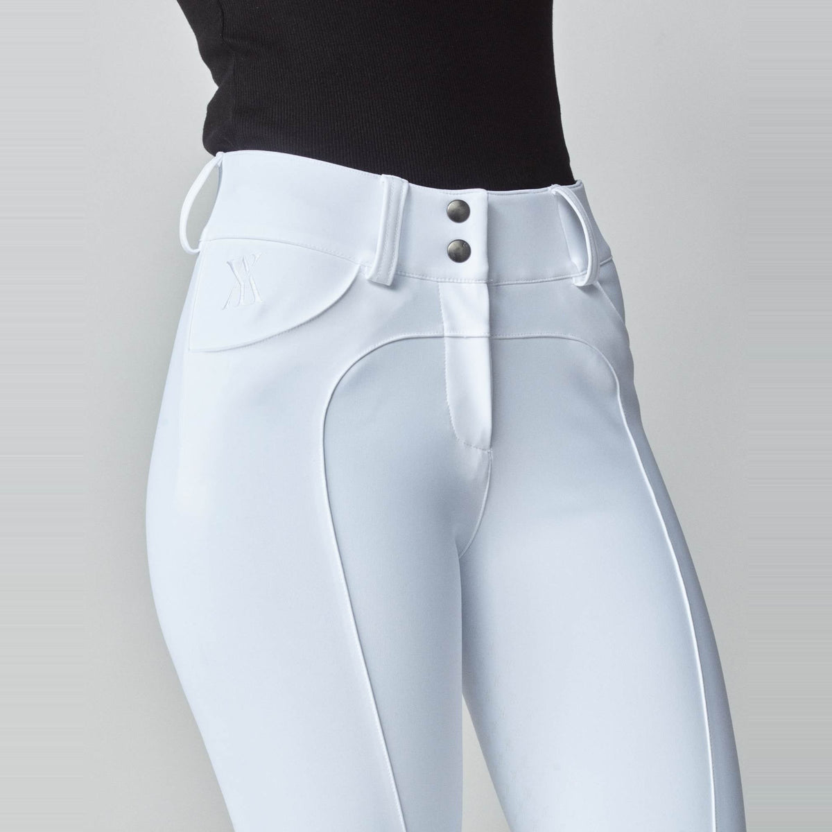 Yagya Women's Performance Knee Grip Breeches - White, waist detail | Malvern Saddlery
