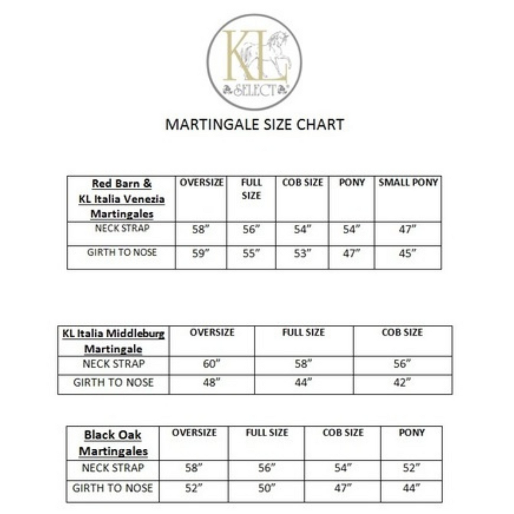 KL Select Martingales Size Chart | Malvern Saddlery