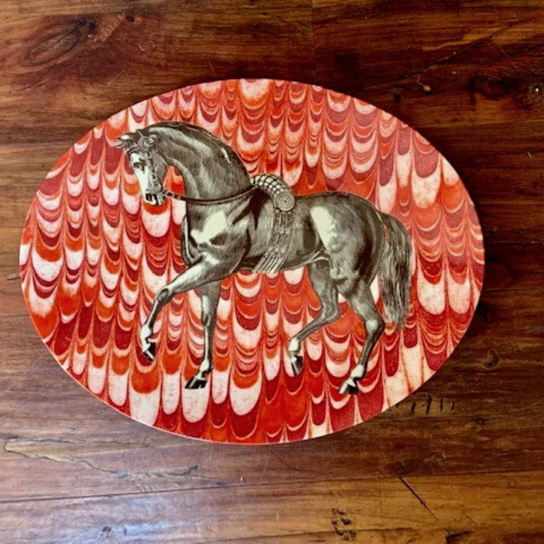 Equestrian serving platter - vintage print on red marbled background | Malvern Saddlery