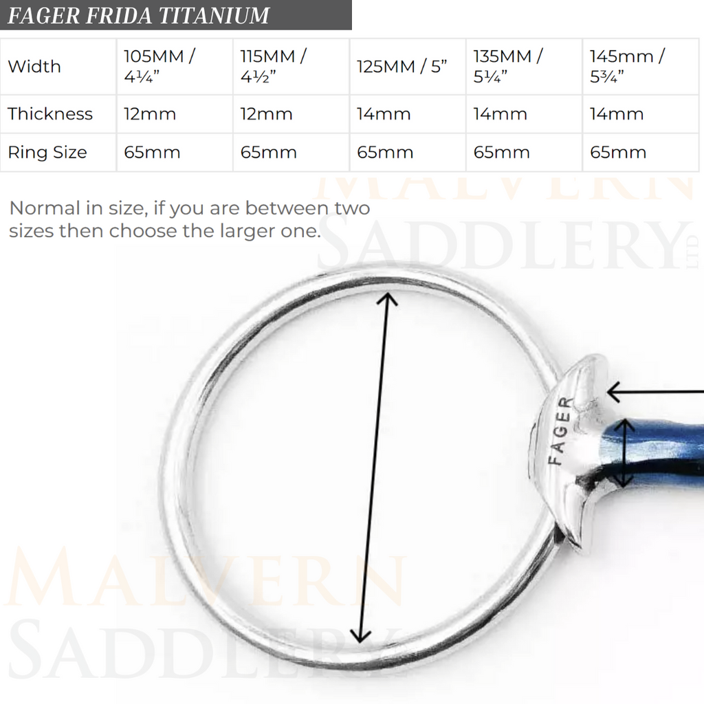 Fager Frida Titanium Bit Size Chart | Malvern Saddlery