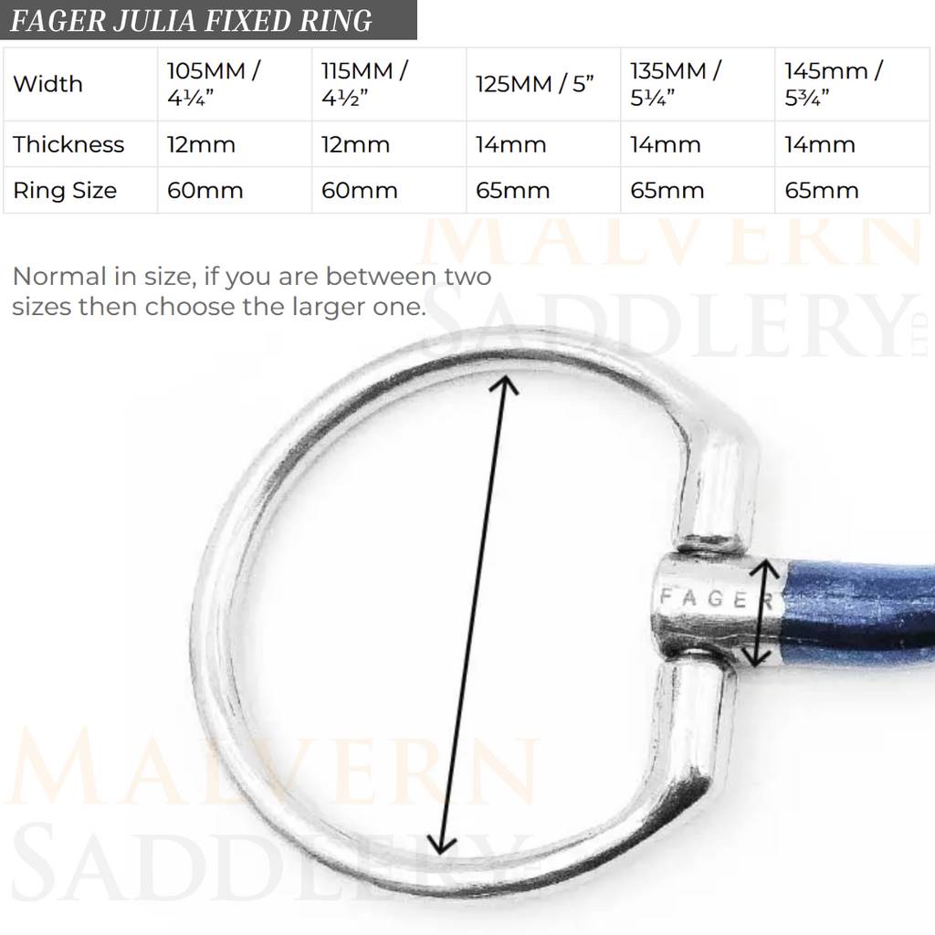 Fager Julia Sweet Iron Fixed Ring Bit - Size chart | Malvern Saddlery