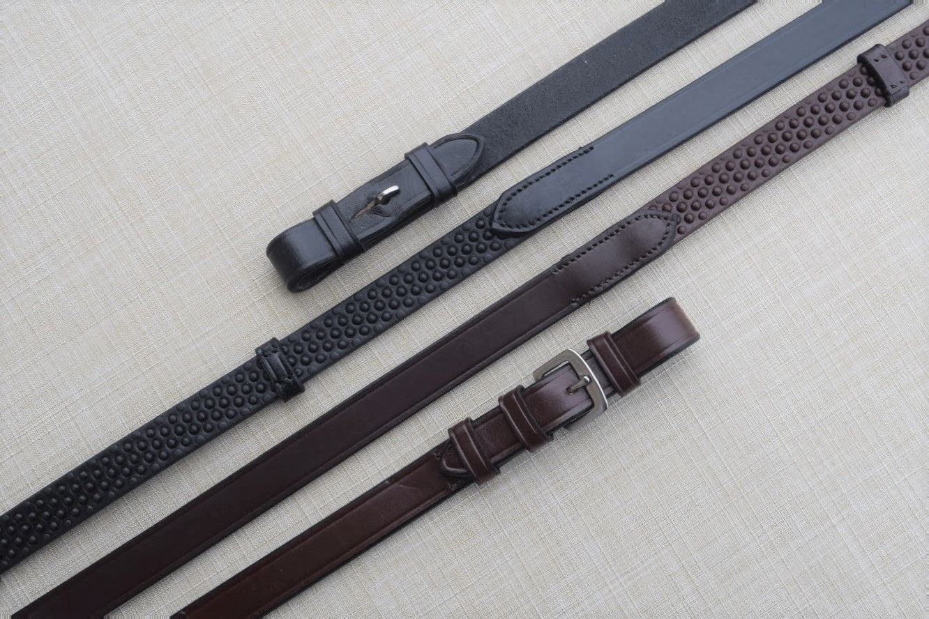 Black Oak Pebble Grip Rein w/Stops - shown Black with Pin, Brown with Buckle | Malvern Saddlery