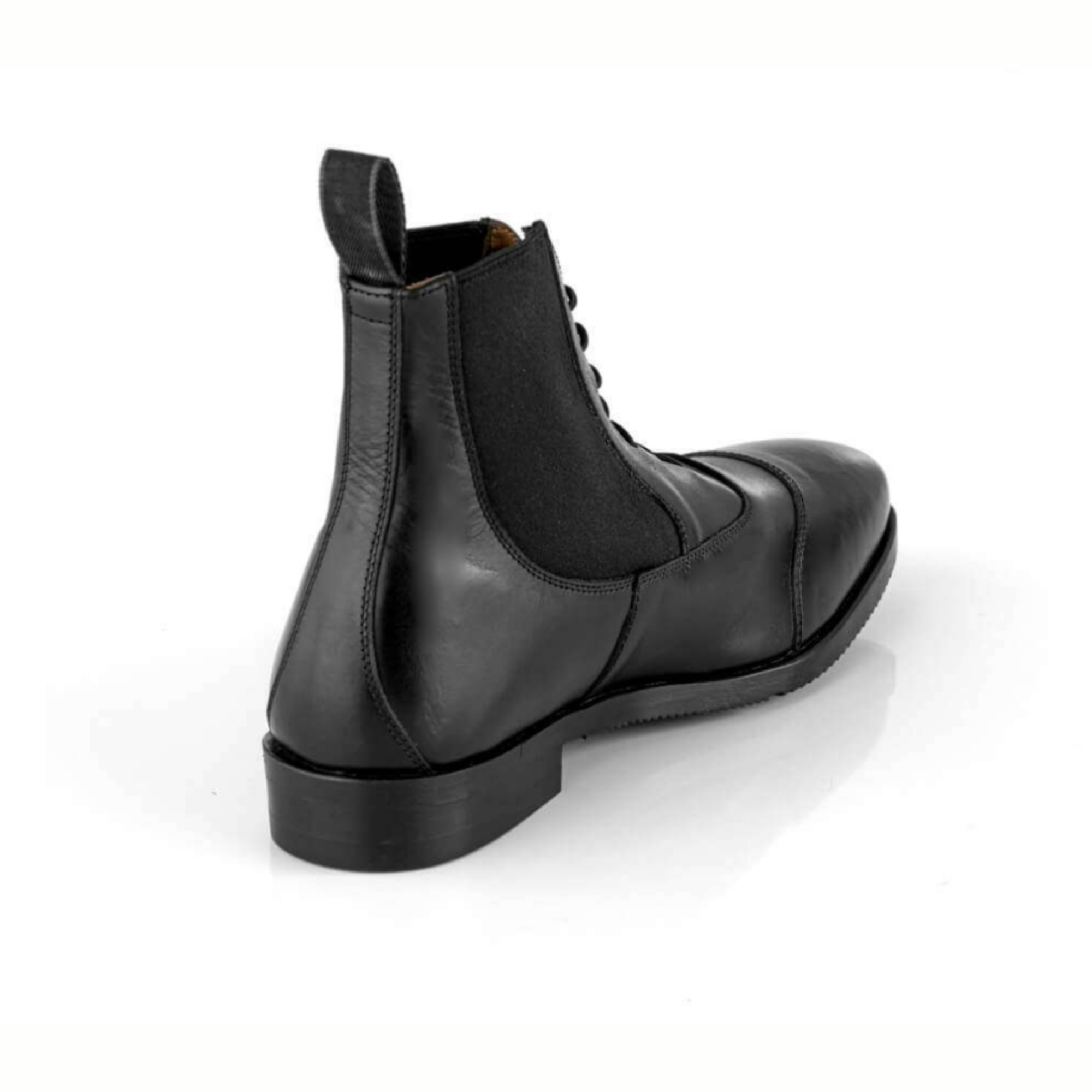 EGO7 Gemini black leather equestrian riding paddock boot rear three-quarter view showing heel cap, elastic side panel, and stitched cap toe