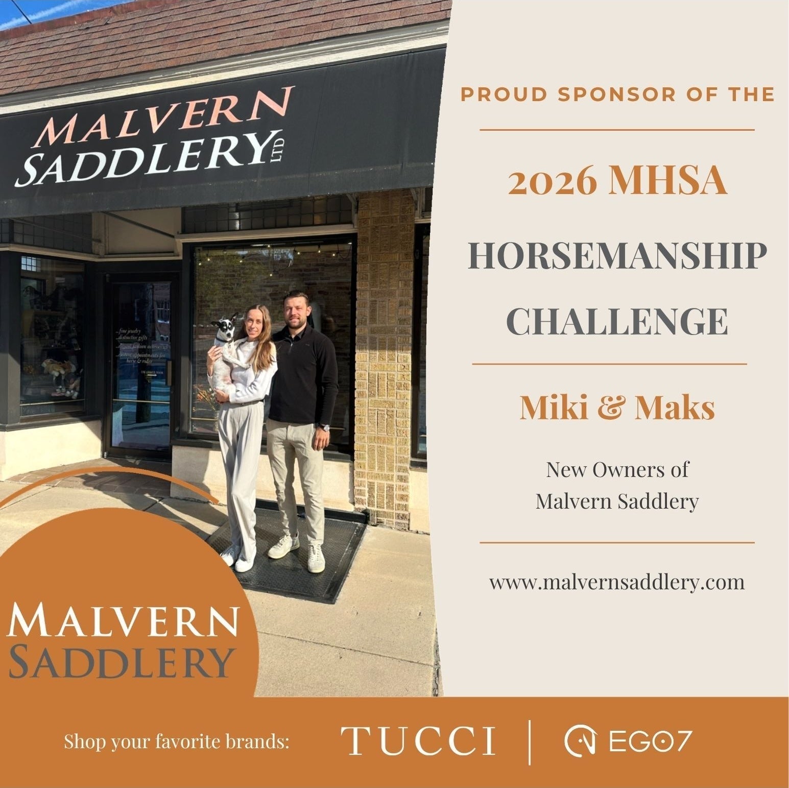 Miki and Maks, new owners of Malvern Saddlery in Malvern, PA, standing with their dog outside the store - proud sponsors of the 2026 MHSA Horsemanship Challenge, featuring Tucci and EGO7.