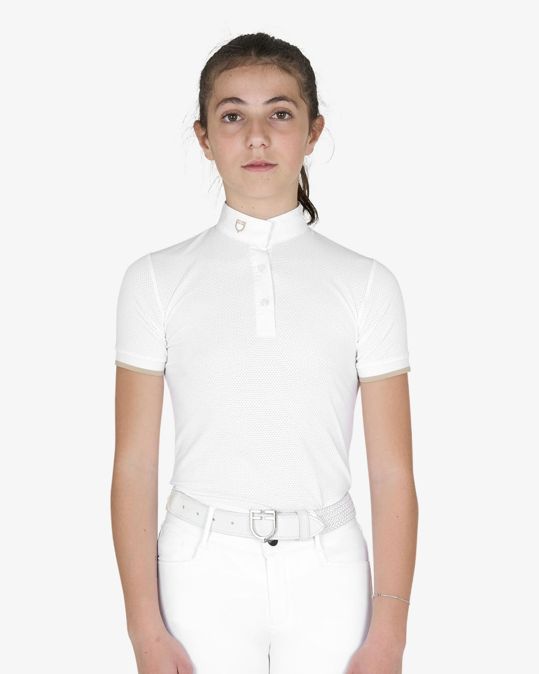 Equestro Girls Clara Slim Fit Competition Polo Shirt - White/Oxford Tan | Children's Show Shirts | Malvern Saddlery