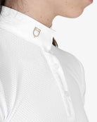 Equestro Girls Clara Slim Fit Competition Polo Shirt - White/Oxford Tan; close up collar | Children's Show Shirts | Malvern Saddlery