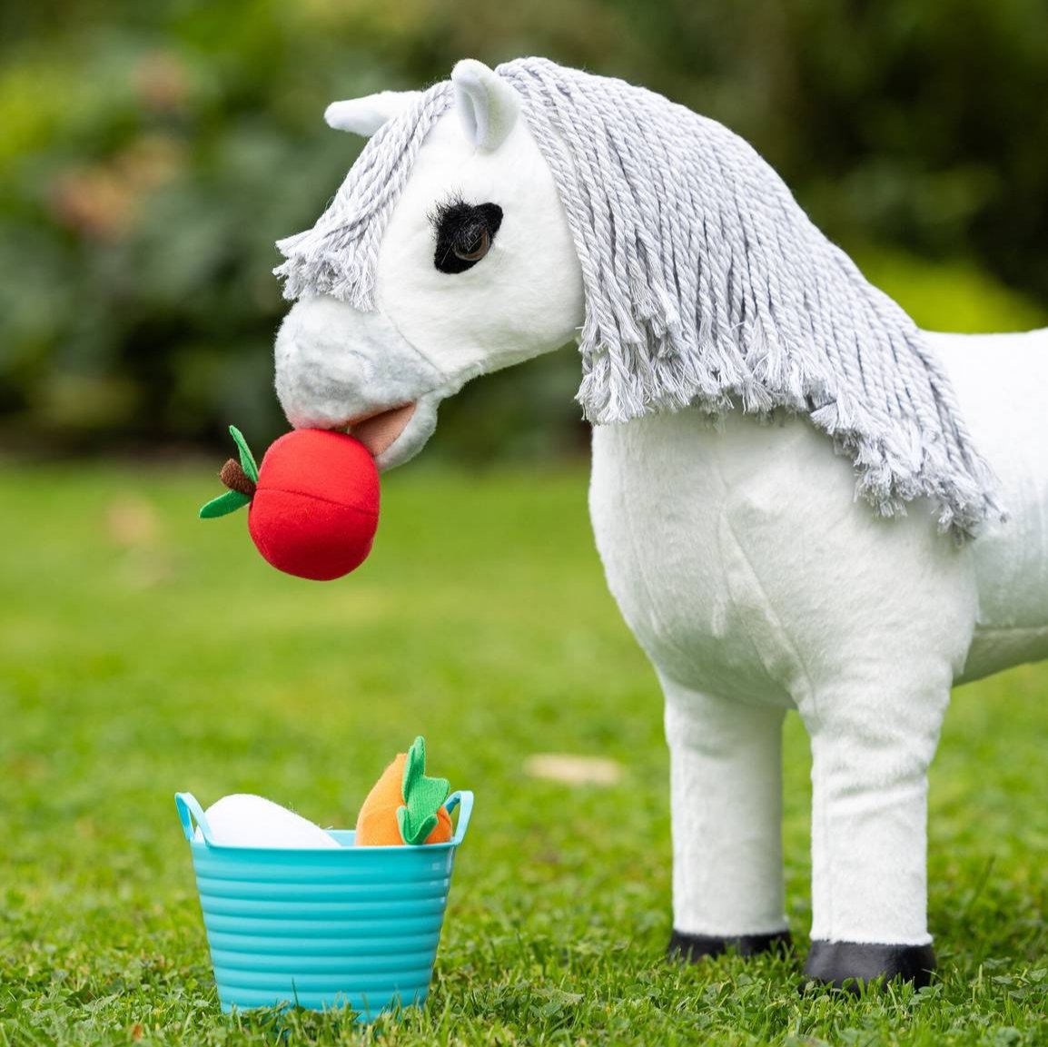 LeMieux Toy Pony Accessory - Treat Bucket, blue - apple, carrot, donut. Shown with Coco | Malvern Saddlery