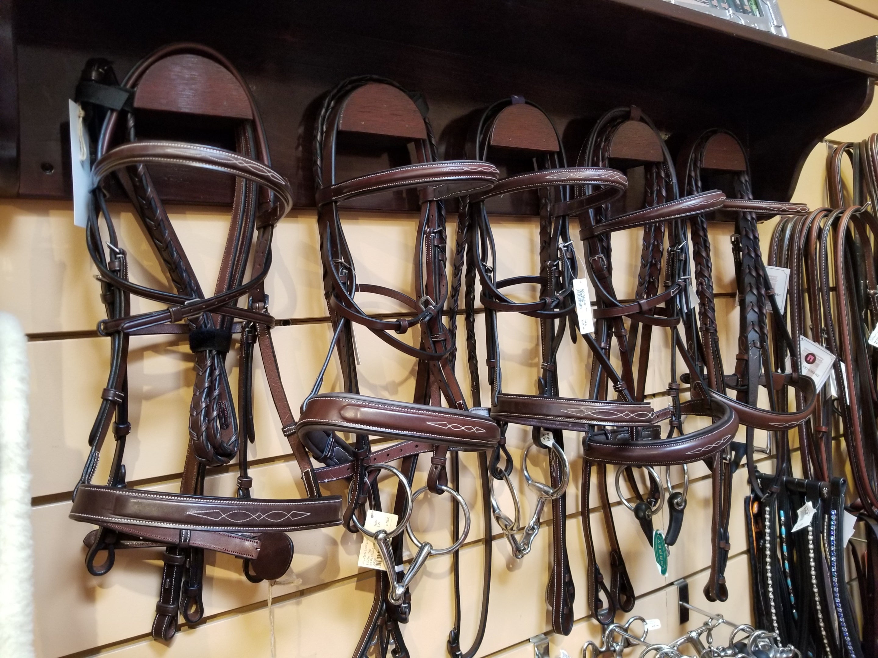 Hunter bridles on display at Malvern Saddlery
