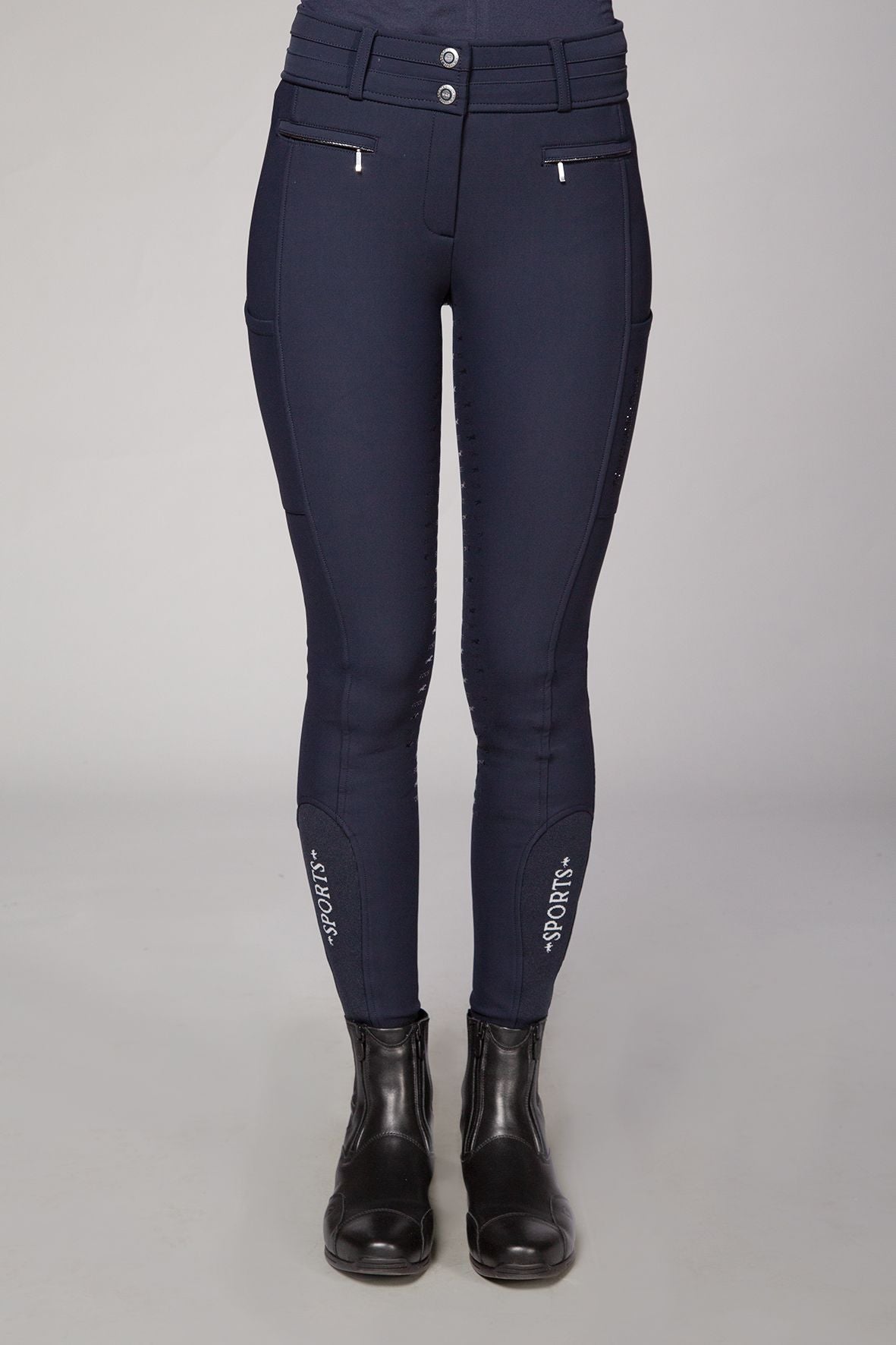 Schockemoehle Ladies Winter Heather Breech - Navy; shown on woman front view | Full Seat Breeches | Malvern Saddlery