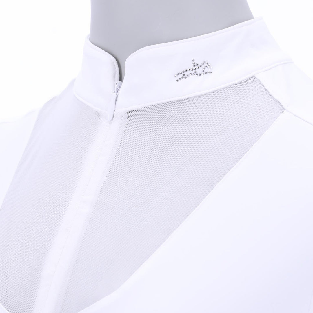 Schockemöhle Anita Short Sleeve Equestrian Show Shirt - White; close up  mesh insert & collar | Malvern Saddlery