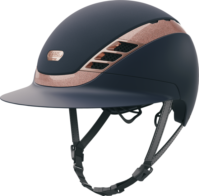 Abus Pikeur AirLuxe Supreme Helmet - Navy/Rose Gold, Long Visor | Malvern Saddlery
