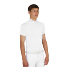 Equestro Men's Competition Polo Shirt in breathable technical fabric - White; shown on man on white background | Men's Equestrian Show Shirts | Malvern Saddlery