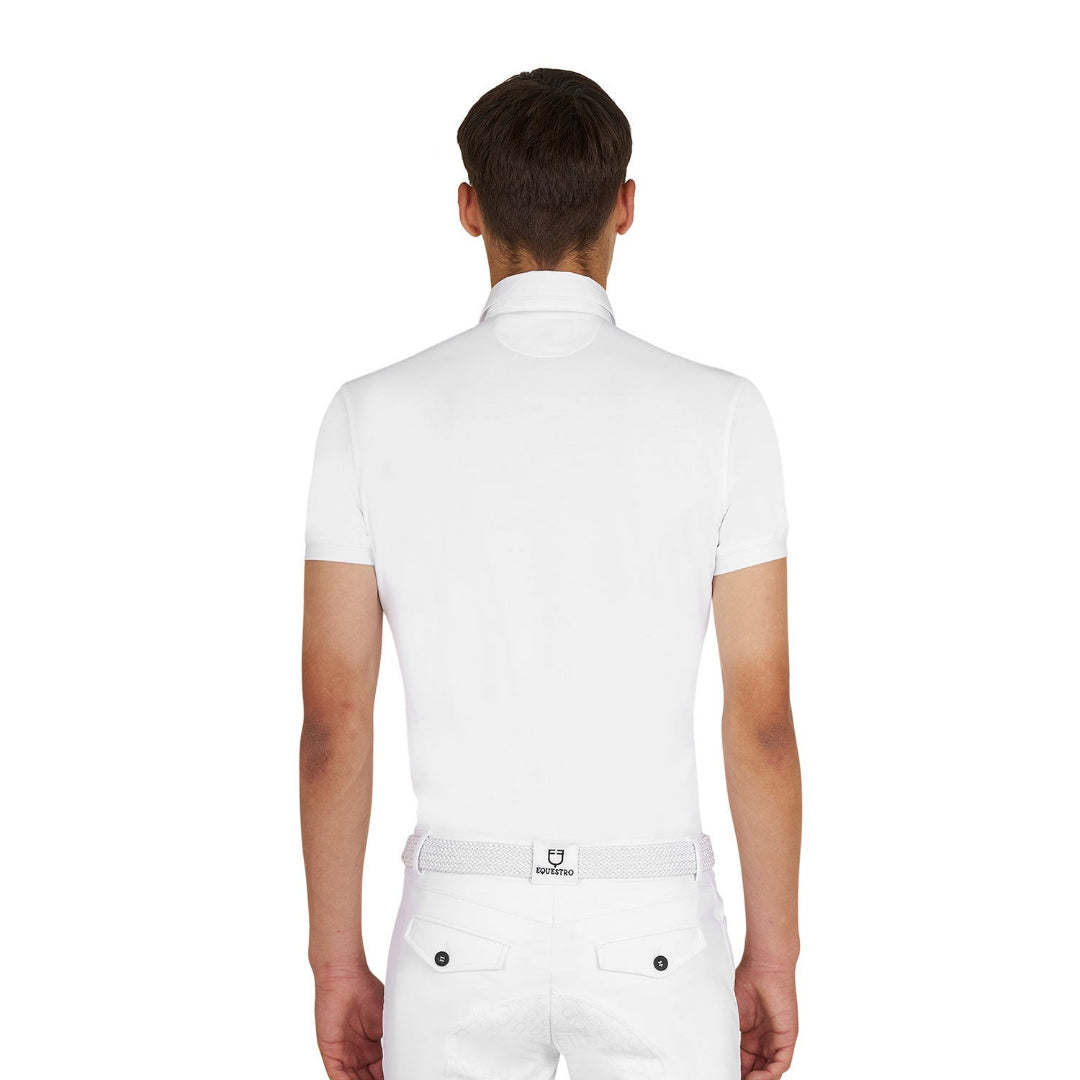 Equestro Men's Competition Polo Shirt in breathable technical fabric - White; back view shown on man on white background | Men's Equestrian Show Shirts | Malvern Saddlery