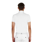 Equestro Men's Competition Polo Shirt in breathable technical fabric - White; back view shown on man on white background | Men's Equestrian Show Shirts | Malvern Saddlery