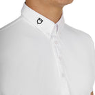 Equestro Men's Competition Polo Shirt in breathable technical fabric - White; chest/colloar detail shown on man on white background | Men's Equestrian Show Shirts | Malvern Saddlery