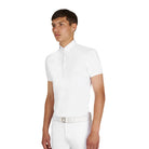 Equestro Men's Competition Polo Shirt in breathable technical fabric - White; shown on man on white background | Men's Equestrian Show Shirts | Malvern Saddlery