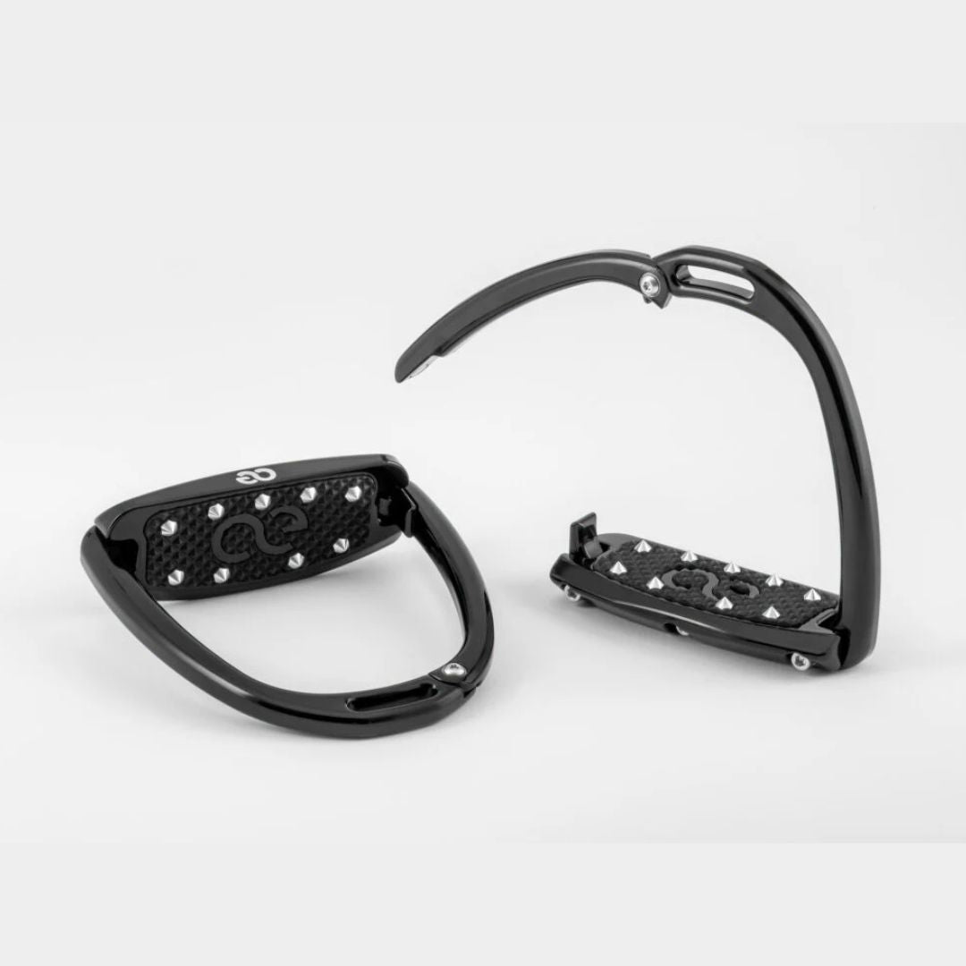 American Equus  Hunter Escape Safety Stirrups - Black, pair shown with one safety arm open | Malvern Saddlery