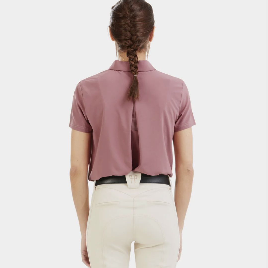 Horse Pilot Ariia Polo Shirt - Dk Pink, back view on model | Malvern Saddlery