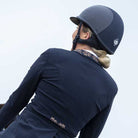 Charles Owen Ayr8 Plus Leather Look Equestrian Helmet - Navy, back view on rider | Malvern Saddlery
