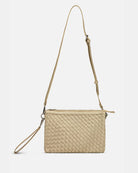Ilse Jacobsen Woven Crossbody Bag - Platinum, shown with shoulder strap extended and  wrist strap  | Malvern Saddlery