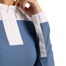 Close-up of the EGO7 Carmen Colony Blue competition shirt cuff and contrast placket