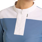 Close-up of the EGO7 Carmen Colony Blue competition shirt collar and concealed zipper