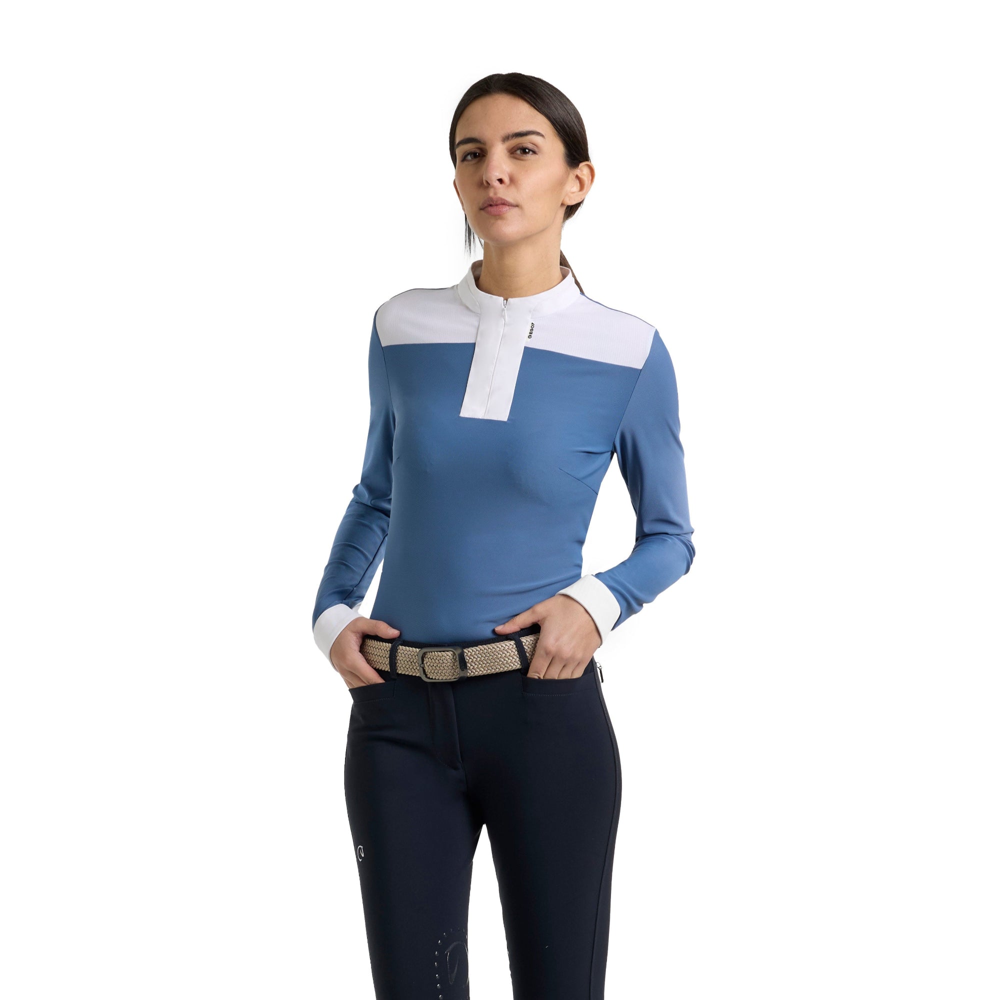 Woman wearing the EGO7 Carmen long sleeve competition shirt in Colony Blue, front view