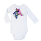 Claudia Anderson - Harper - White baby onesie with a colorful striped bow on a white background | Malvern Saddlery