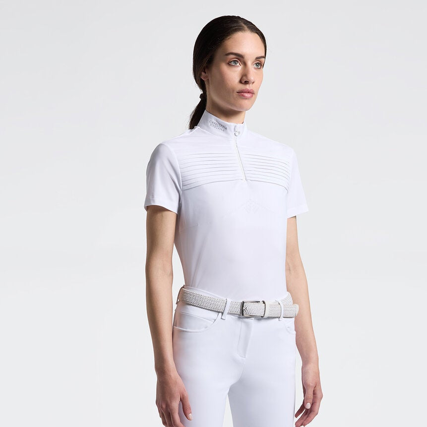 Cavalleria Toscana Women's Short Sleeve Pleated Competition Shirt - White; shown on model on white background | Equestrian Show Shirts | Malvern Saddlery