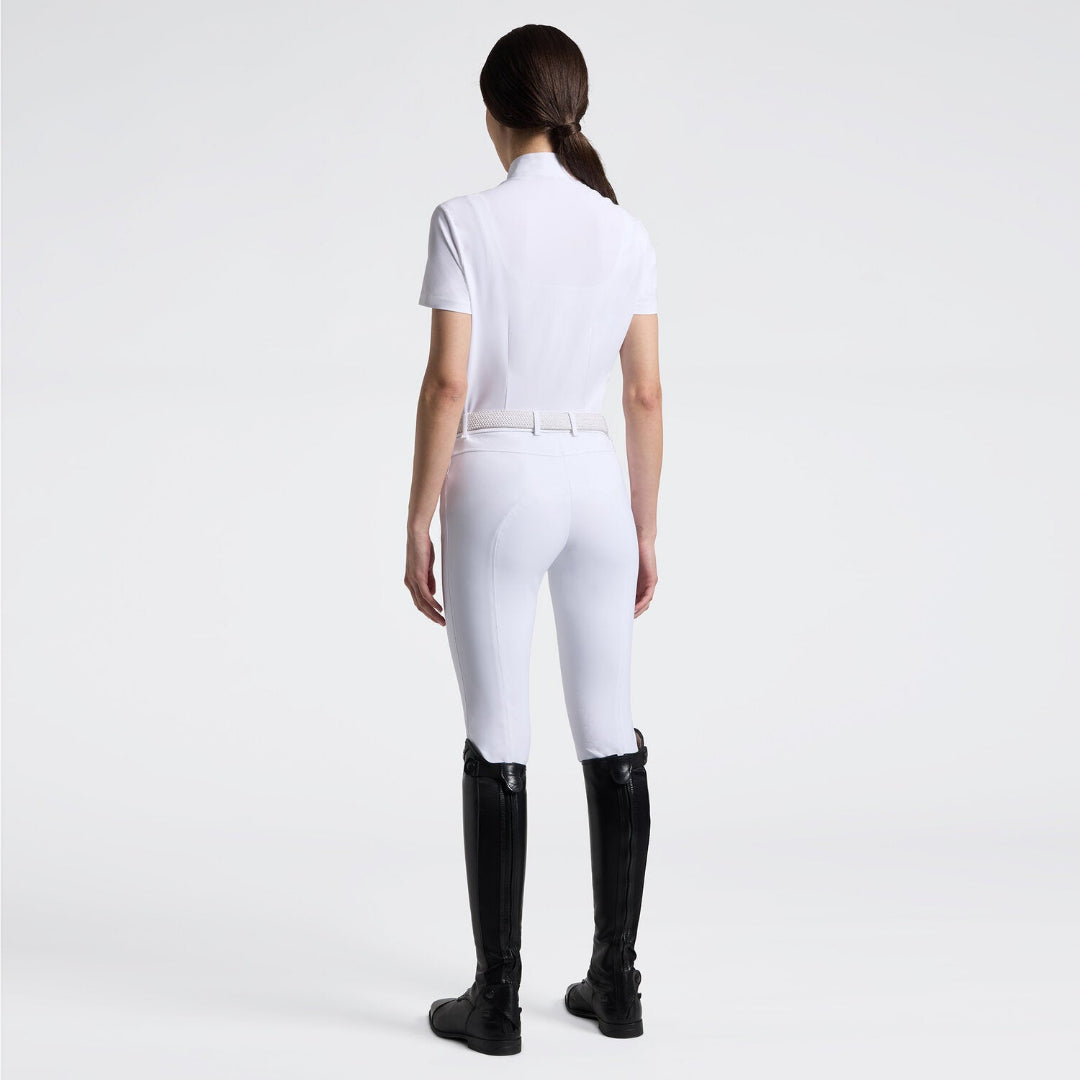 Cavalleria Toscana Women's Short Sleeve Pleated Competition Shirt - White; back view shown on model on white background | Equestrian Show Shirts | Malvern Saddlery