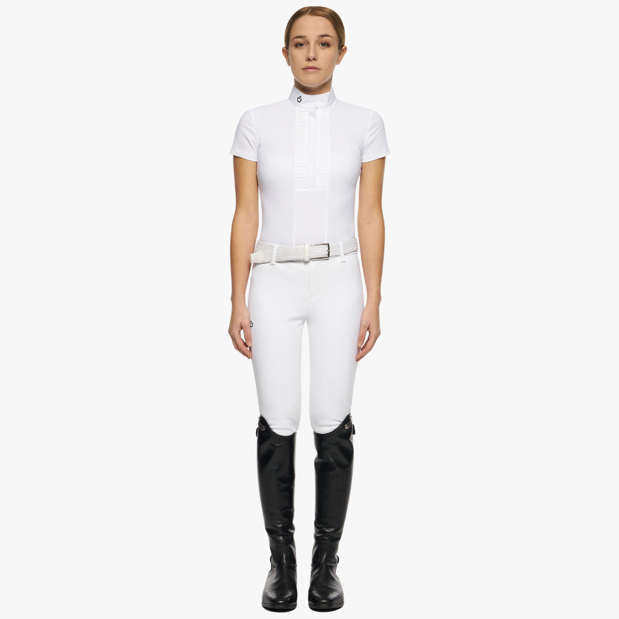 Cavalleria Toscana Girl's Pleated Jersey S/S Competition Shirt - White; full body view shown on model on white background | Malvern Saddlery