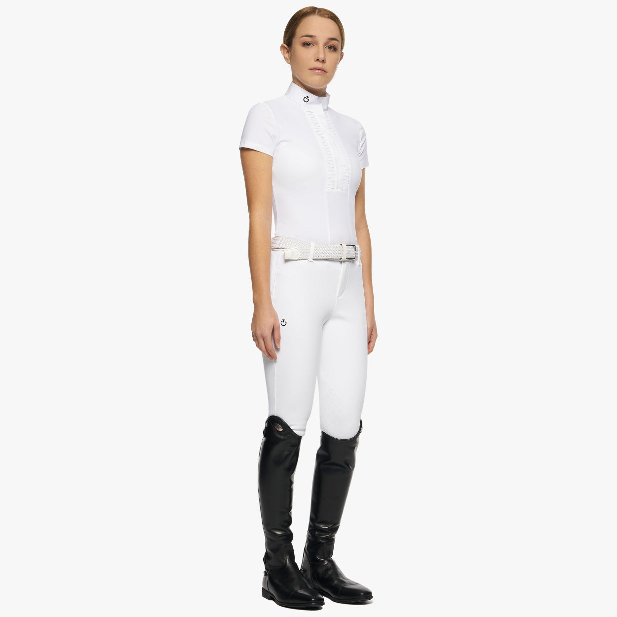 Cavalleria Toscana Girl's Pleated Jersey S/S Competition Shirt - White; full body view shown on model on white background | Malvern Saddlery