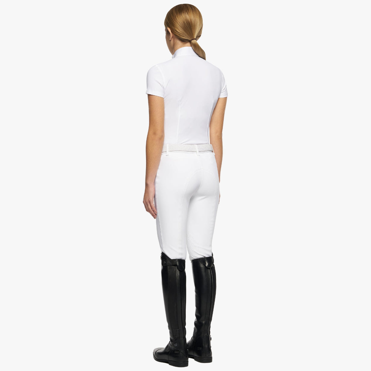 Cavalleria Toscana Girl's Pleated Jersey S/S Competition Shirt - White; full body back view shown on model on white background | Malvern Saddlery