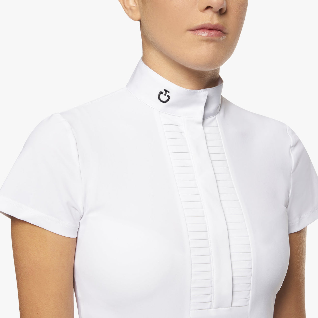 Cavalleria Toscana Girl's Pleated Jersey S/S Competition Shirt - White; close up view  shown on model on white background | Malvern Saddlery