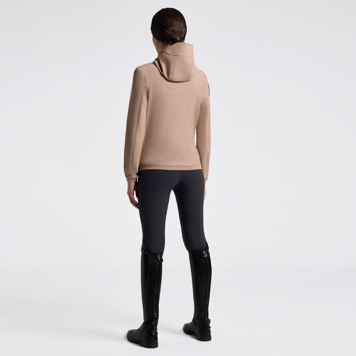 Cavalleria Toscana Women's Perforated Jersey Softshell Jacket - Brush [Beige]; back view on model white background | Ladies Riding Outerwear | Malvern Saddlery