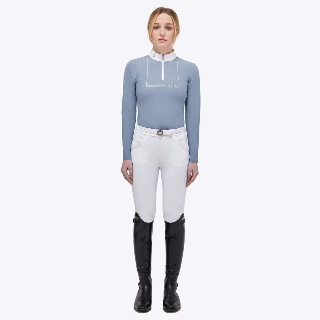 Cavalleria Toscana Girl's Jersey Zip Competition Polo - Light Blue | Young Rider Show Shirts | Malvern Saddlery