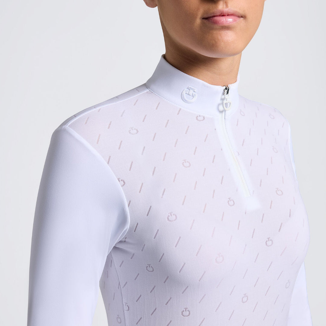 Cavalleria Toscana Girls’ Long Sleeve Jacquard Jersey Competition Shirt - White | Young Rider Show Shirts | Malvern Saddlery