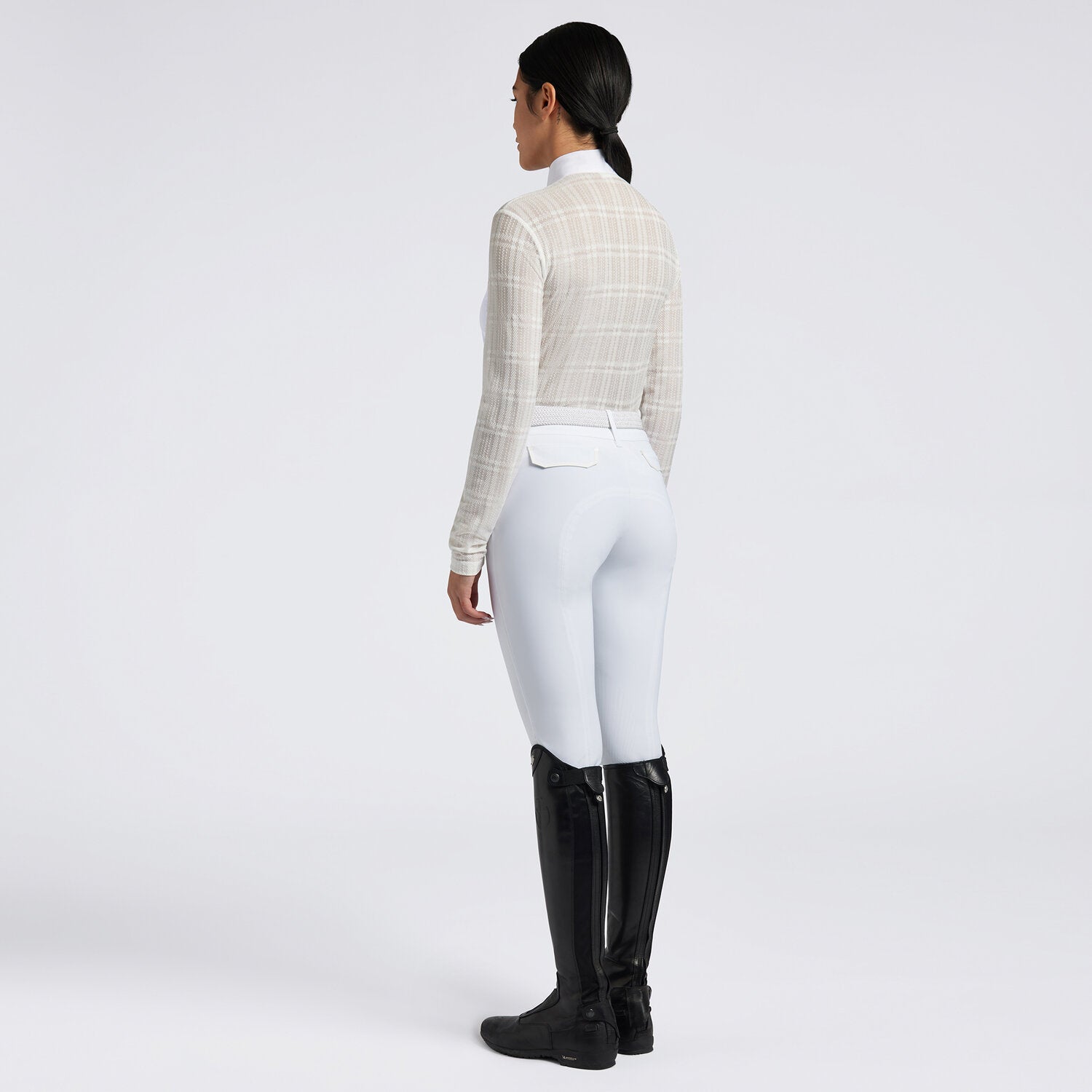 Cavalleria Toscana Ladies Long Sleeve Jacquard Zip Equestrian Competition Shirt - White, back view | Malvern Saddlery