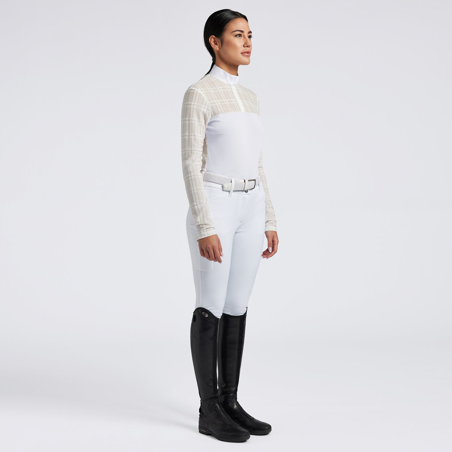 Cavalleria Toscana Ladies Long Sleeve Jacquard Zip Equestrian Competition Shirt - White, shown on model | Malvern Saddlery