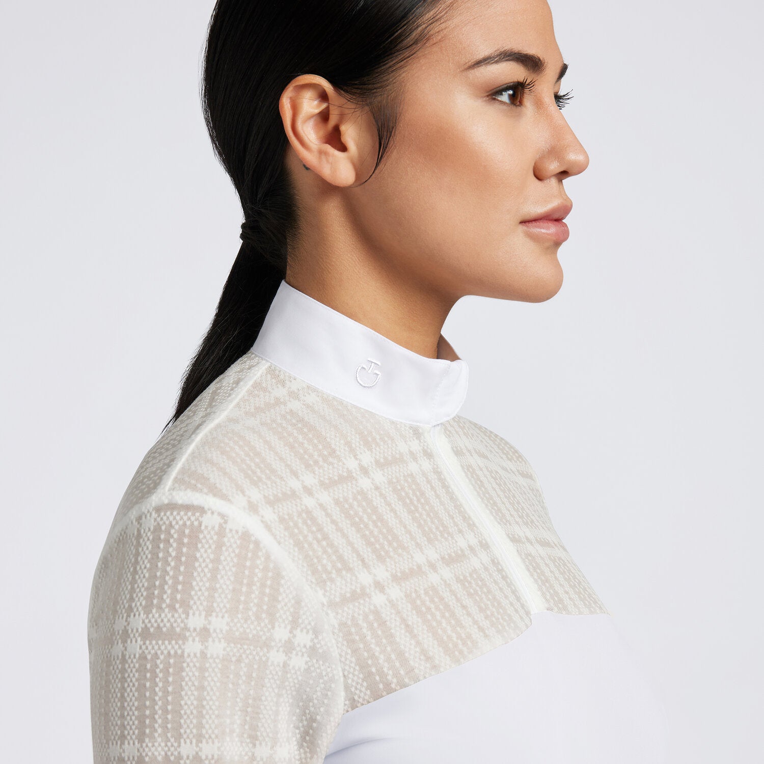 Cavalleria Toscana Ladies Long Sleeve Jacquard Zip Equestrian Competition Shirt - White, on model head & shoulders detail | Malvern Saddlery