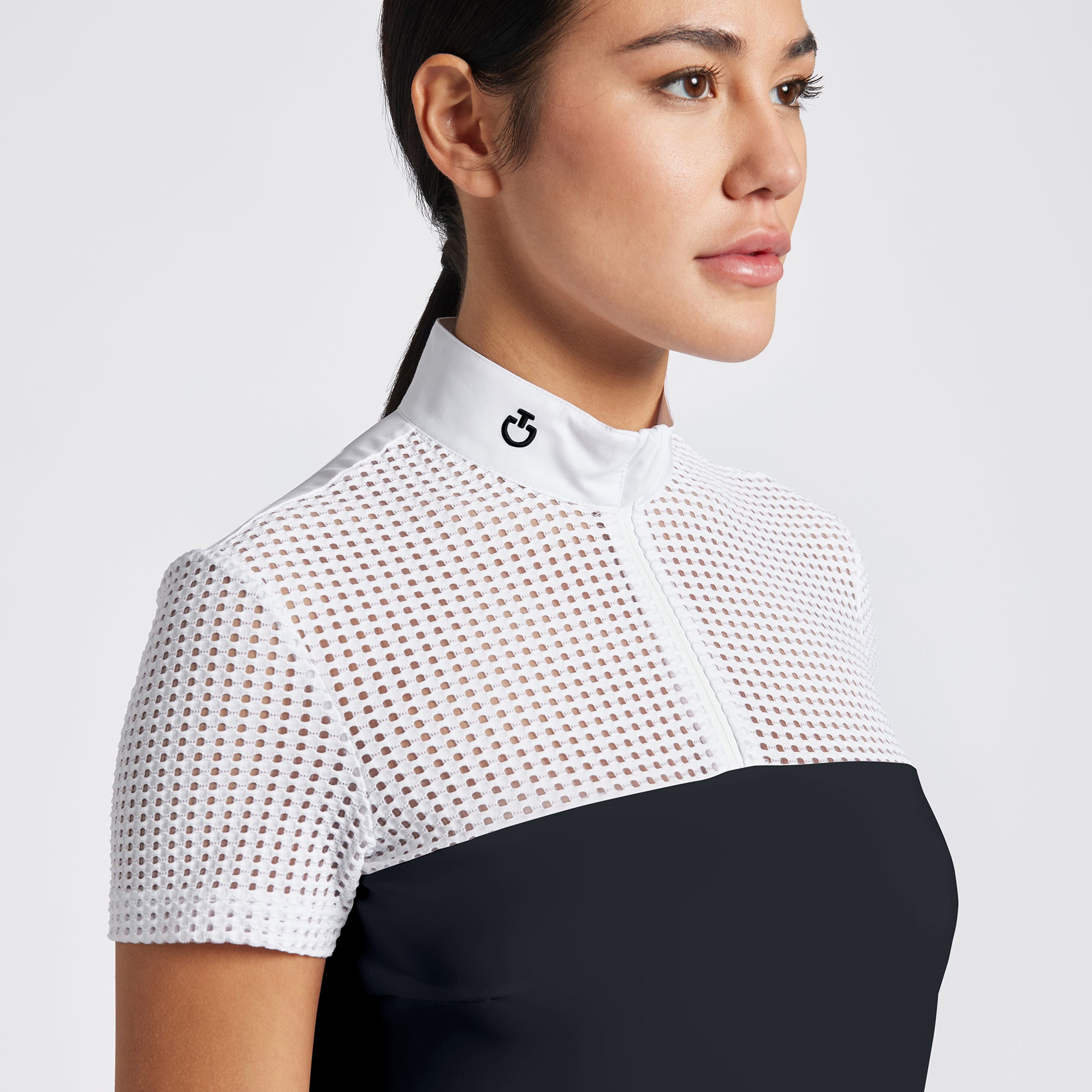 Cavalleria Toscana Ladies Competition Shirt - short sleeve, navy/white, on model | Malvern Saddlery