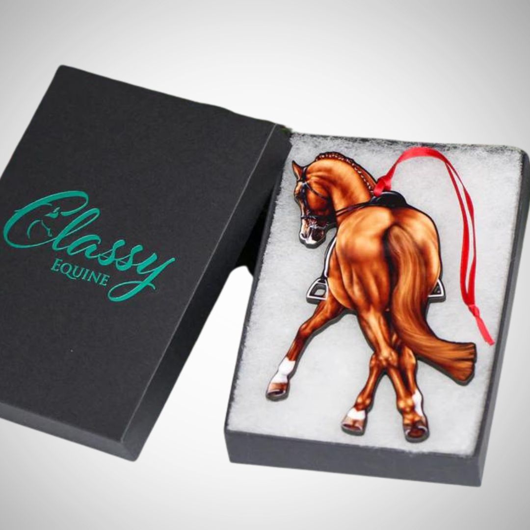 Chestnut Half Pass Dressage Ornament, shown in box | Malvern Saddlery