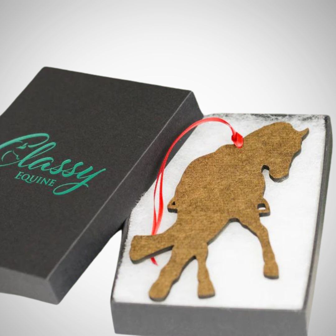 Chestnut Half Pass Dressage Ornament, back of ornament shown in box | Malvern Saddlery