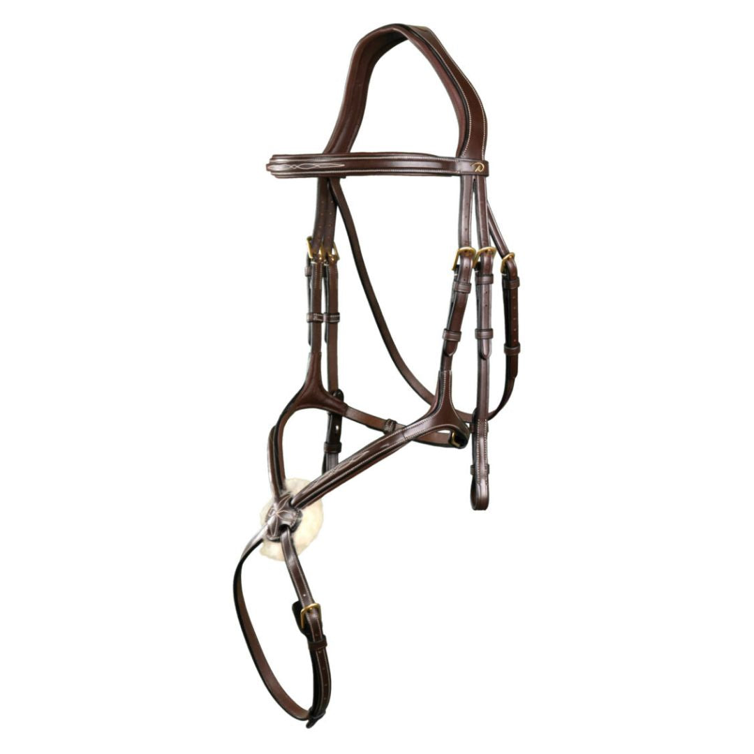 Dy'on Figure 8 Jumper Bridle - Brown, Cream stitching, brass hardware | Malvern Saddlery