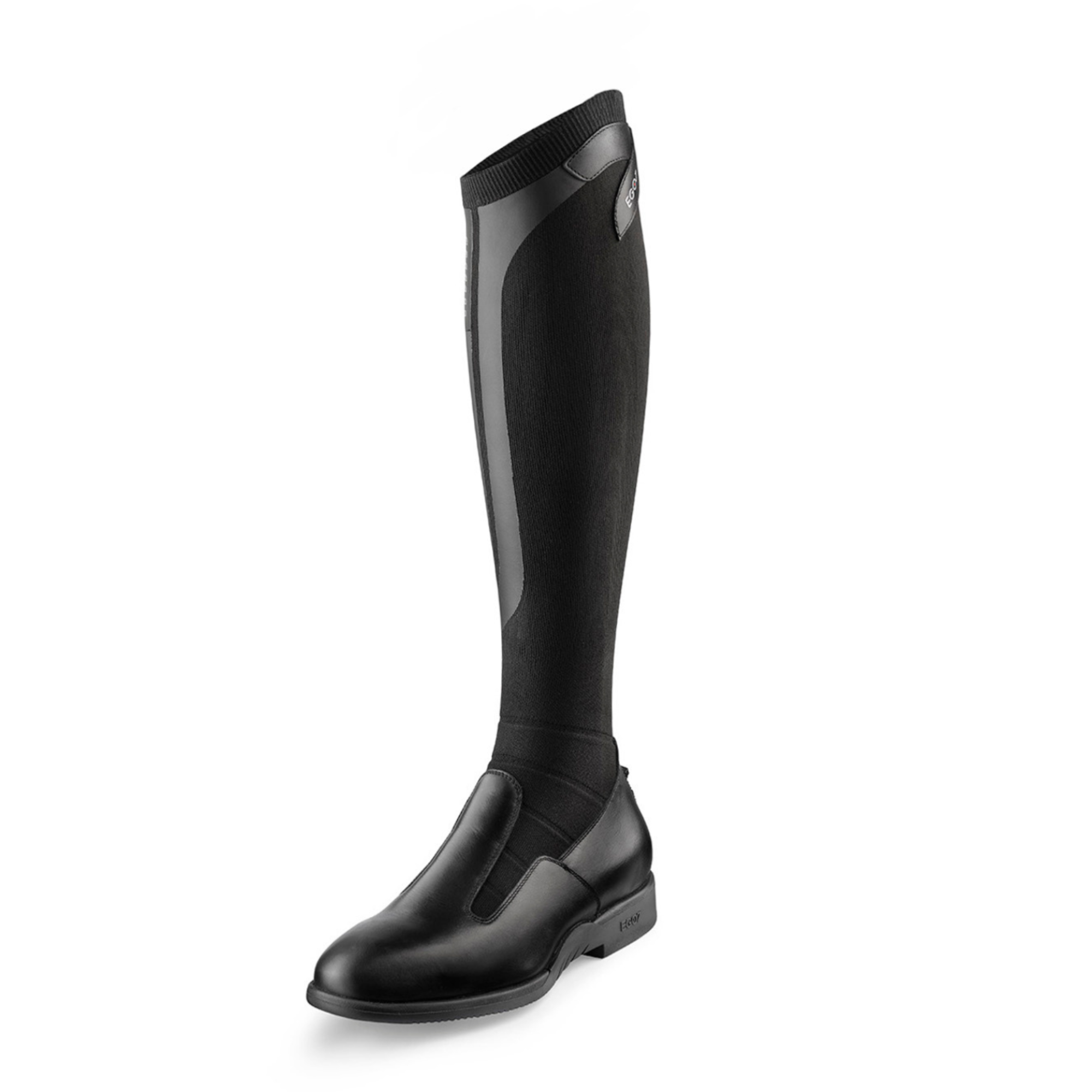 EGO7 Contact black zipper-free technical knit equestrian tall boot, three-quarter side view
